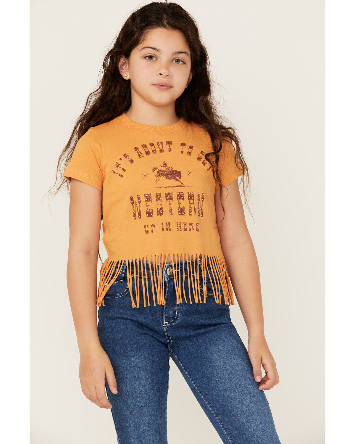 Image #1 - Shyanne Girls' It's About To Get Western Fringe Short Sleeve Graphic Tee, Gold, hi-res