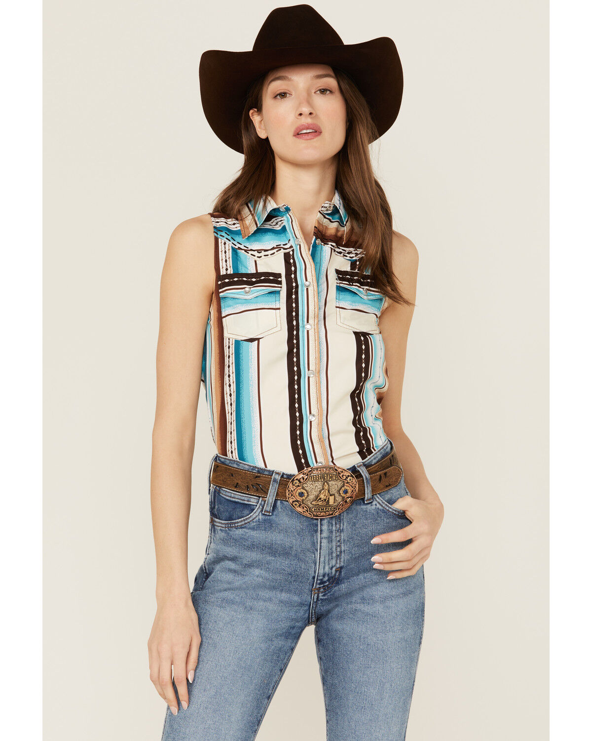 Image #1 - Cowgirl Hardware Women's Serape Striped Sleeveless Snap Western Shirt, Turquoise, hi-res