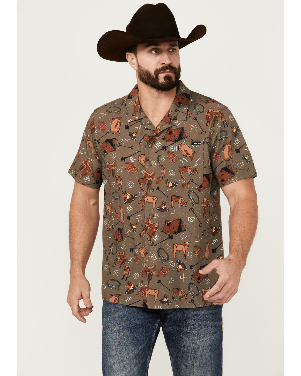 Image #1 - Cinch Men's Camp Conversational Print Short Sleeve Button-Down Performance Stretch Western Shirt, Brown, hi-res