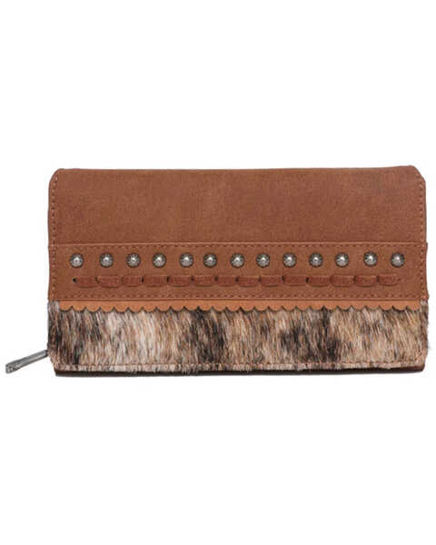 Montana West Women's Hair-On Studded Collection Secretary Style Wallet, Tan, hi-res
