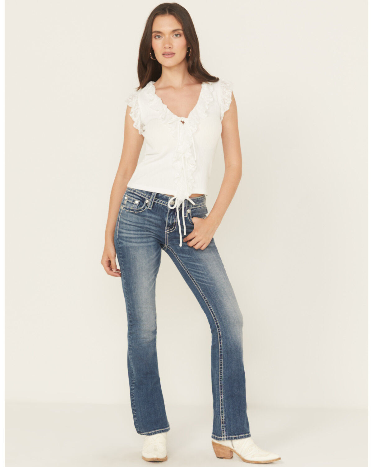 Image #3 - Miss Me Women's Dark Wash Mid Rise Pleather Border Flap Pocket Bootcut Stretch Denim Jeans, Dark Wash, hi-res