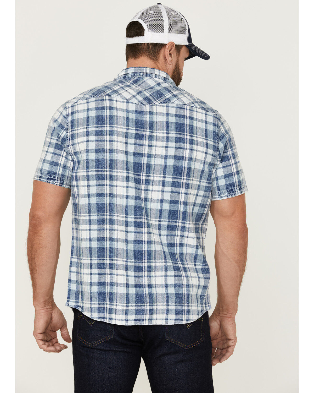 Image #4 - Flag & Anthem Men's Bartlett Vintage Plaid Short Sleeve Snap Western Shirt, Indigo, hi-res