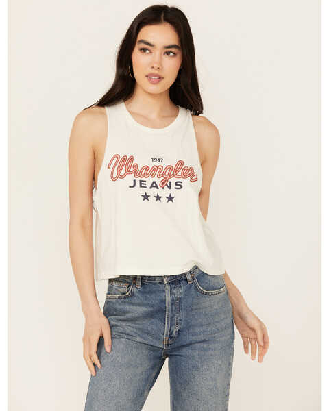 Image #1 - Wrangler Women's Jeans Logo Sleeveless Graphic Tank , White, hi-res