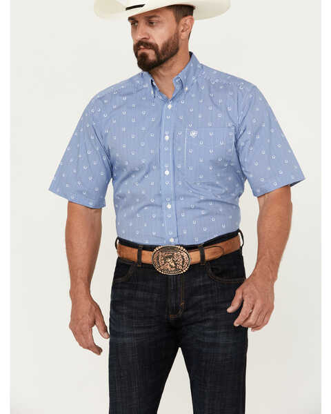 Image #1 - Ariat Men's Javier Horseshoe Striped Print Short Sleeve Button-Down Shirt - Tall, Blue, hi-res