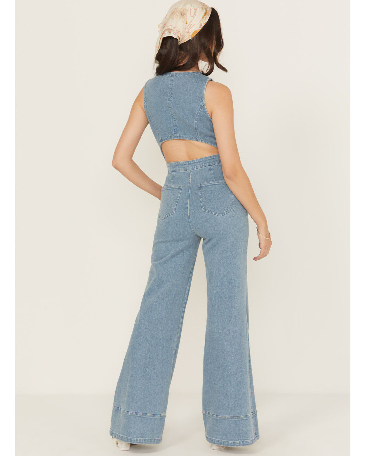 Image #4 - Flying Tomato Women's Light Wash Open Back Denim Jumpsuit, Light Wash, hi-res