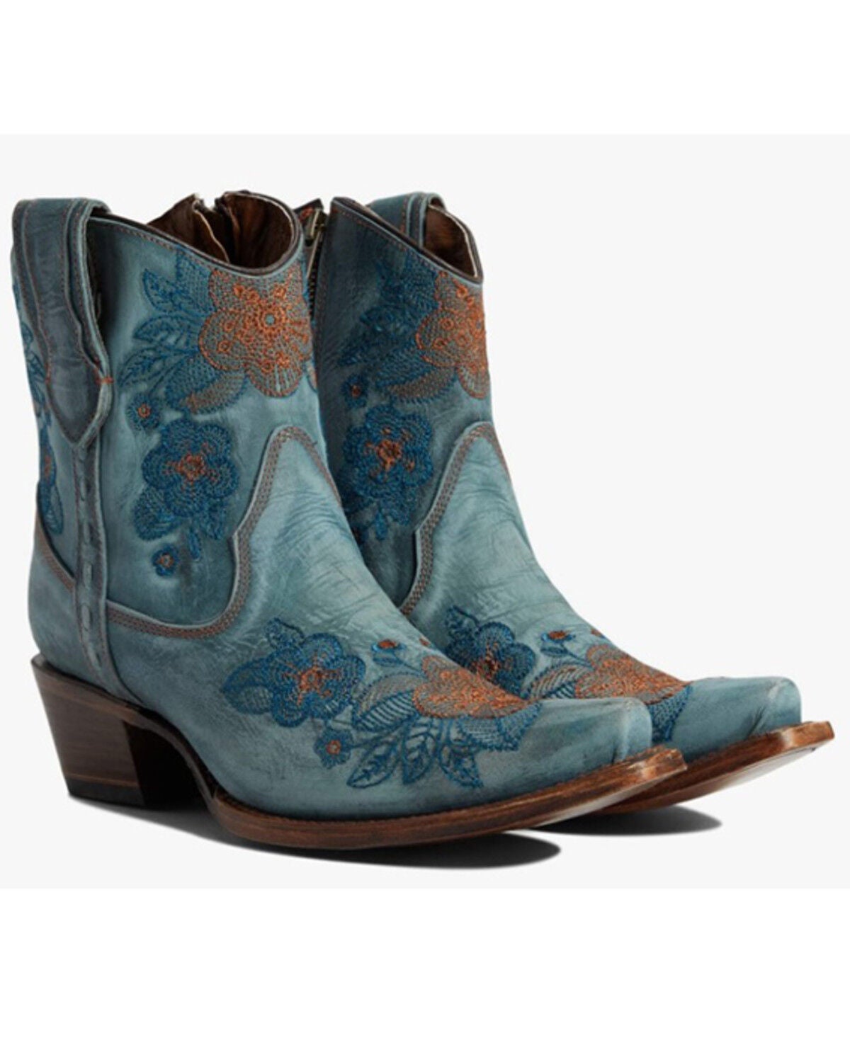 Circle G Women's Flower Embroidered Ankle Western Booties - Snip Toe, Blue, hi-res