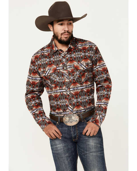 Rock & Roll Denim Men's Southwestern Print Long Sleeve Snap Stretch Western Shirt, Multi, hi-res