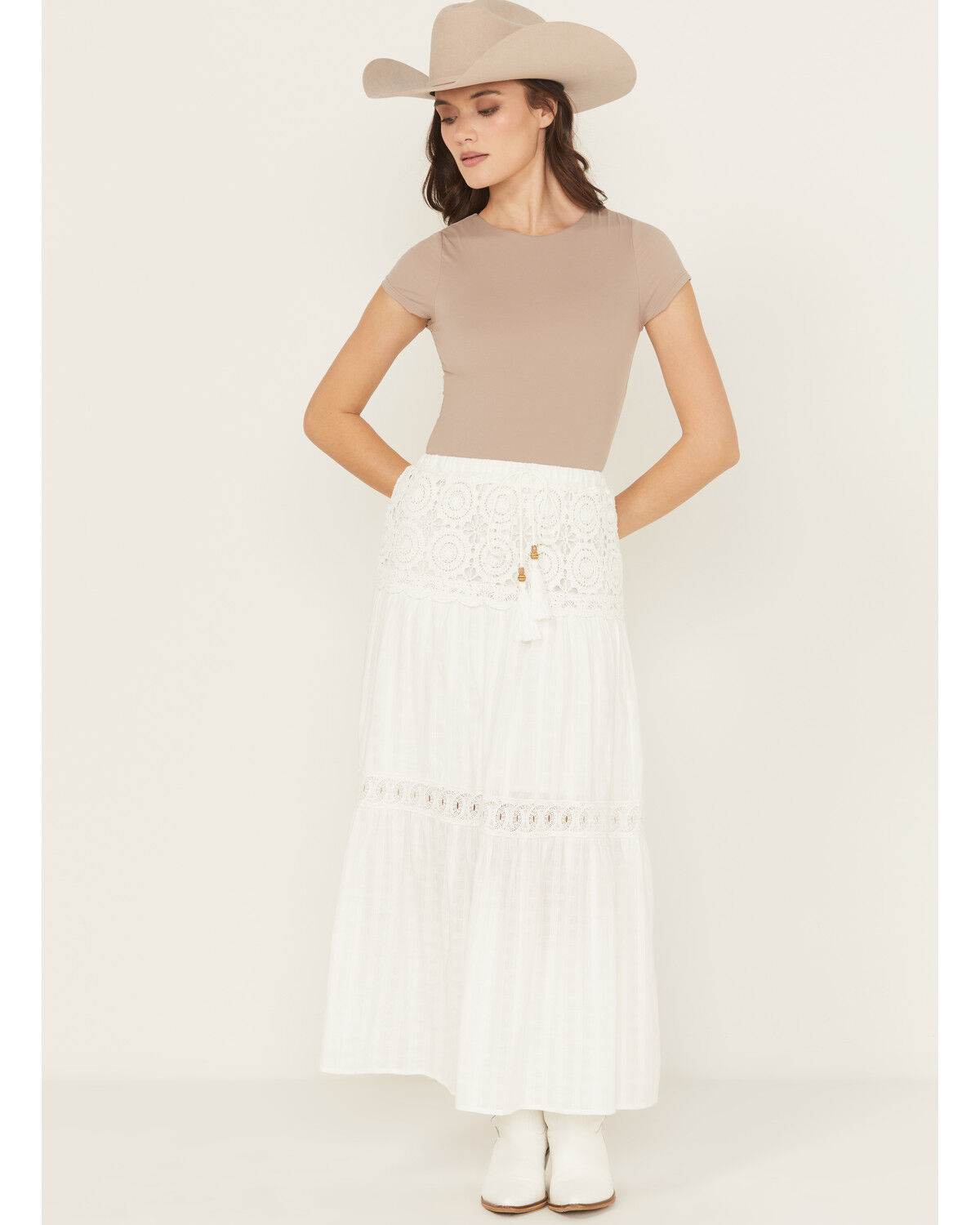 Image #1 - Miss Me Women's Crochet Lace Yoke Skirt, White, hi-res