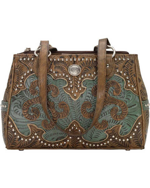 American West Women's Hand Tooled Concealed Carry Multi-Compartment Tote, Distressed Brown, hi-res