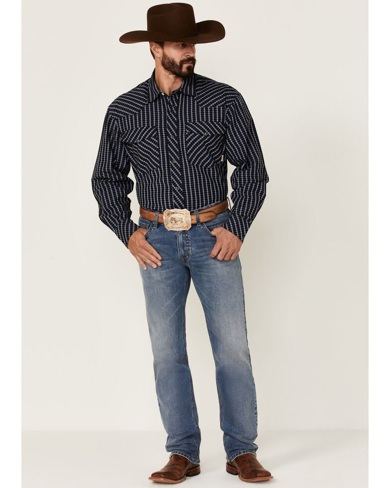 Double R By Resistol Men's Navy Addison Small Plaid Long Sleeve Snap Western Shirt , Navy, hi-res