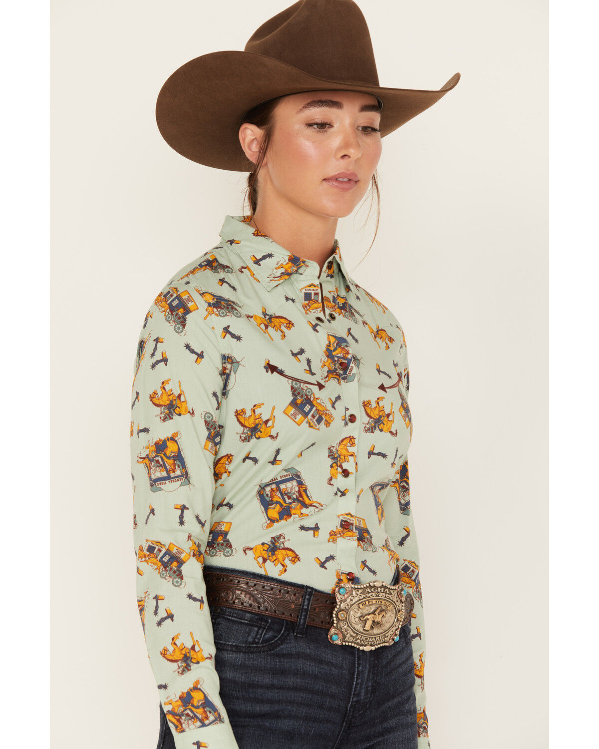 Image #2 - Cruel Girl Women's Western Toss Print Long Sleeve Snap Shirt, Green, hi-res