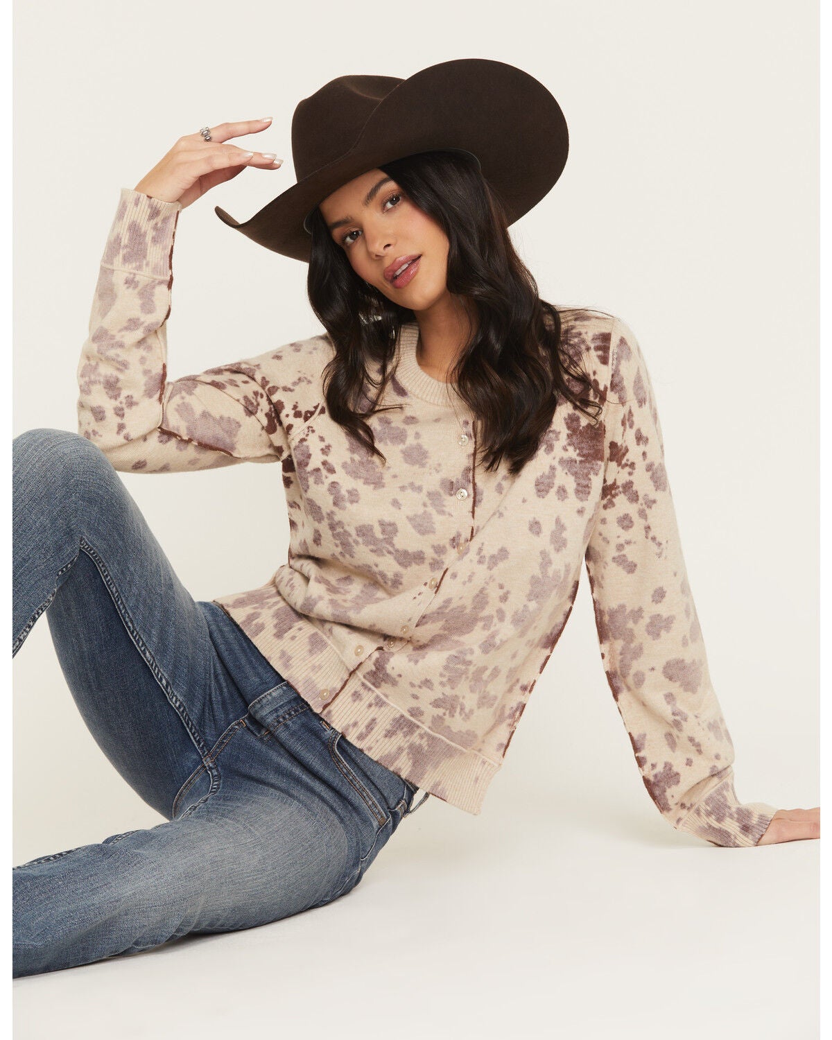 Originality Women's Cow Print Button-Down Cardigan, Off White, hi-res
