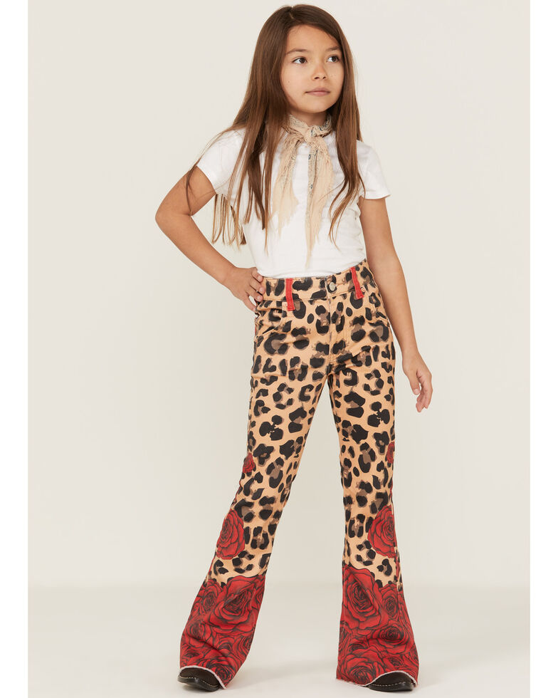 Ranch Dress'n Girls' Leopard & Rose Print Super Flare Jeans, Tan, hi-res