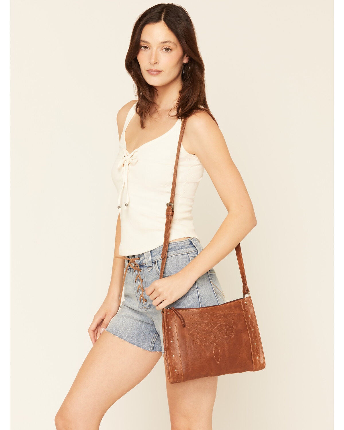 Shyanne Women's Nolyn Boot Stitch Crossbody Bag, Brown, hi-res