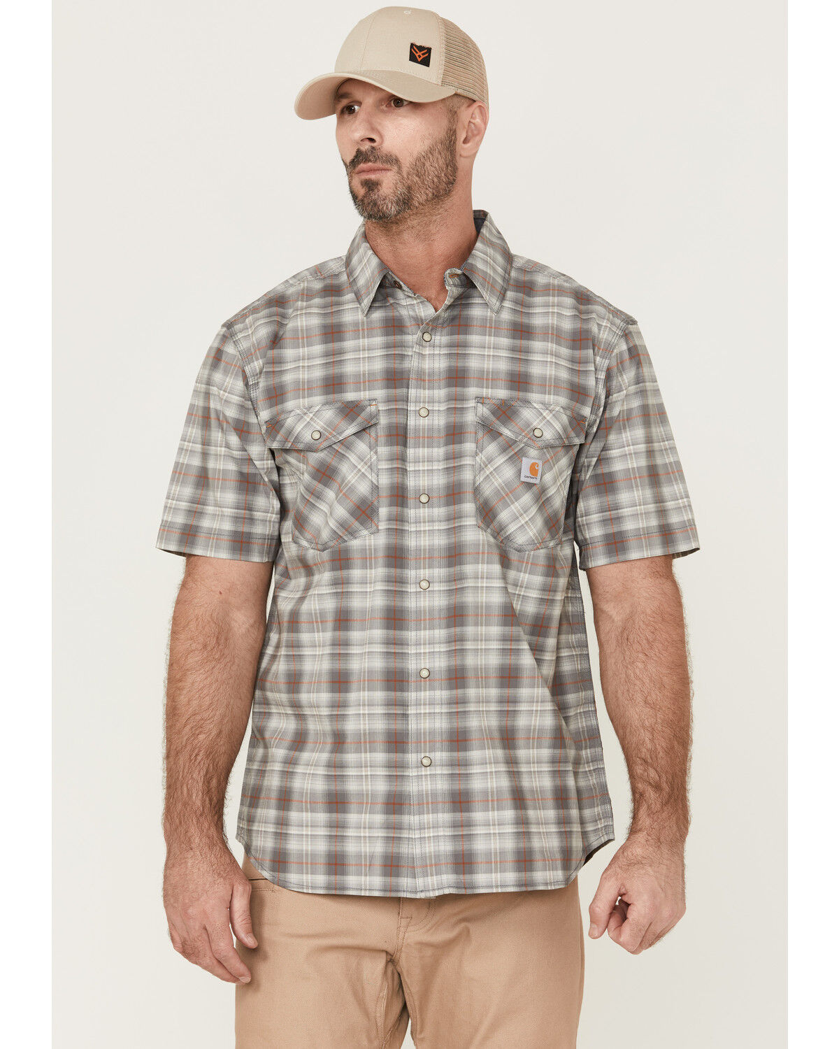 Image #1 - Carhartt Men's Rugged Flex® Steel Plaid Print Relaxed Short Sleeve Snap Western Shirt, Steel, hi-res