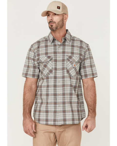 Image #1 - Carhartt Men's Rugged Flex Steel Plaid Print Relaxed Short Sleeve Snap Western Shirt , Steel, hi-res