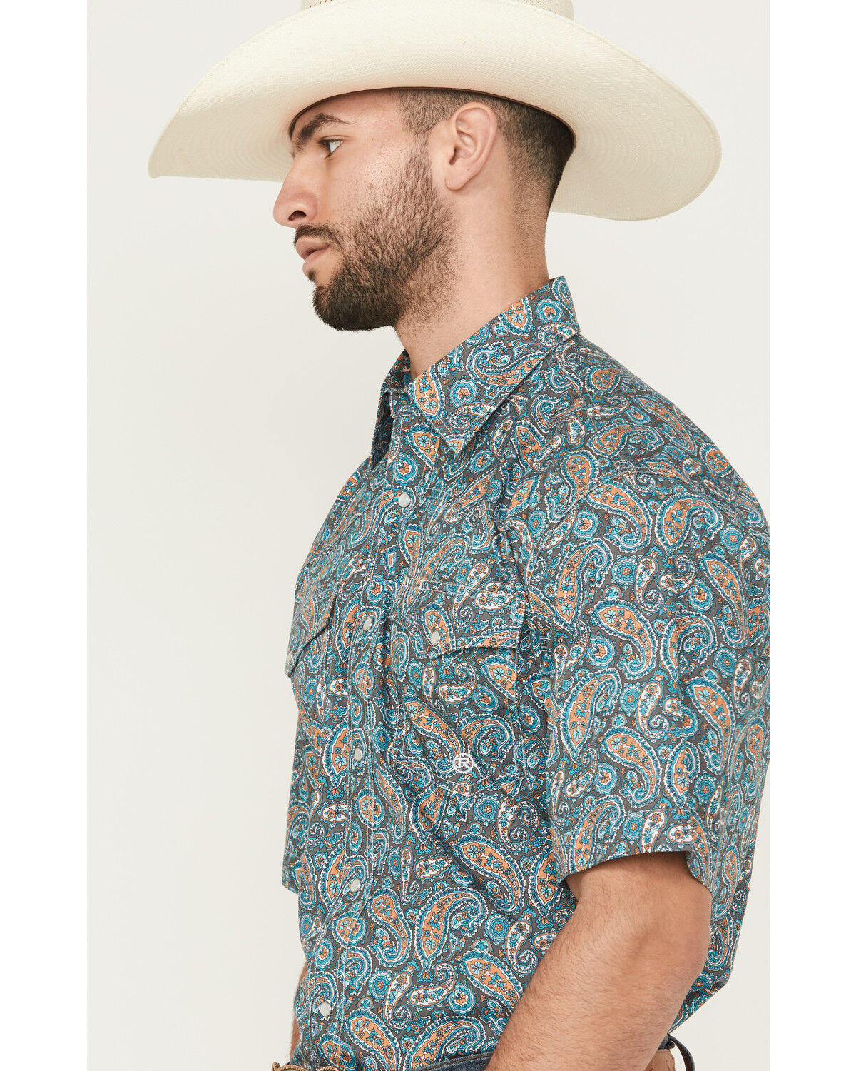 Image #2 - Roper Men's Amarillo Paisley Print Short Sleeve Snap Western Shirt, Turquoise, hi-res