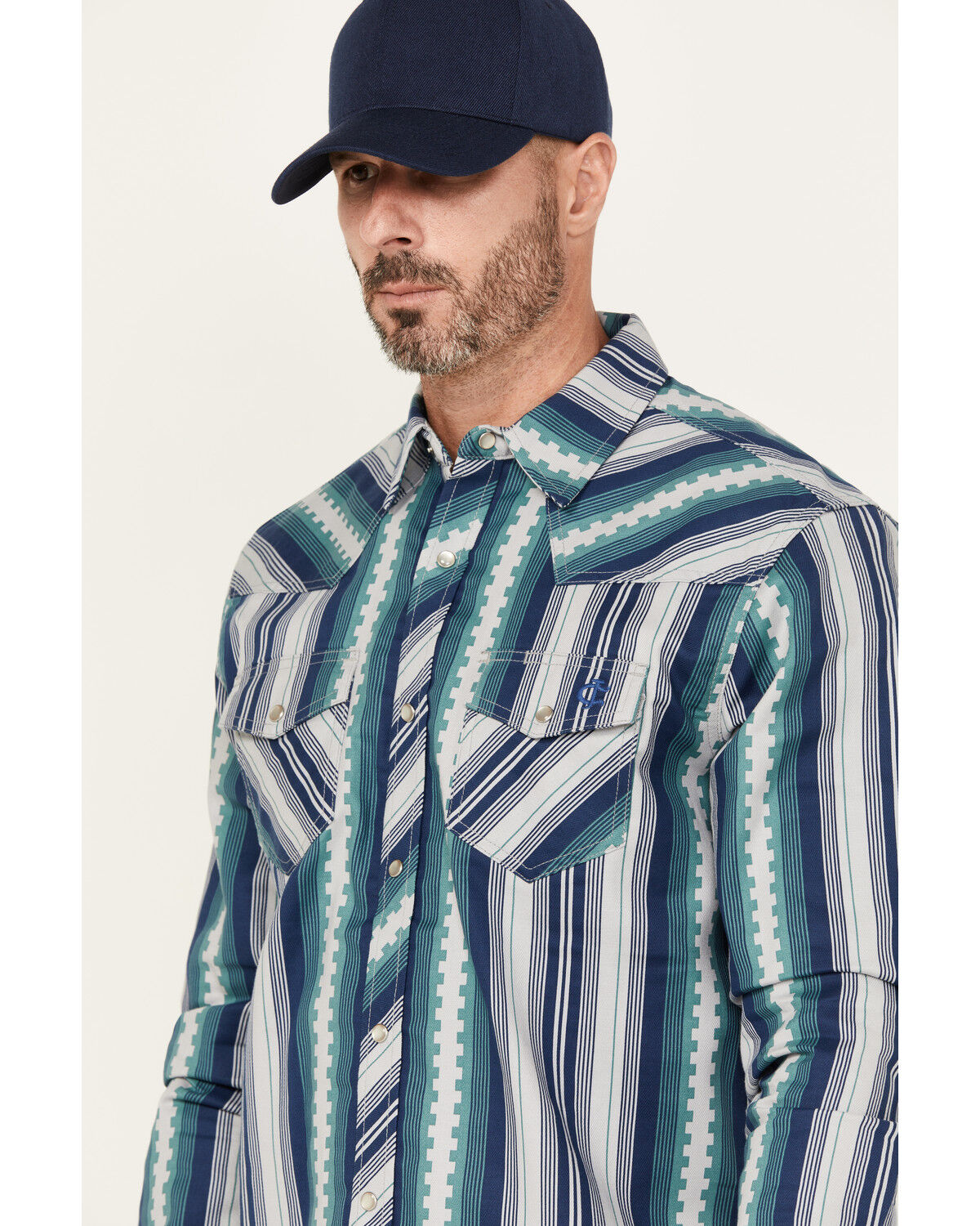 Image #2 - Cody James Men's FR Mesa Printed Long Sleeve Pearl Snap Western Work Shirt, Navy, hi-res
