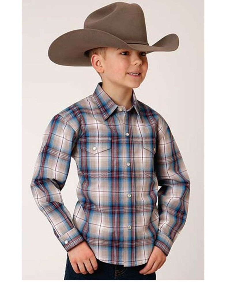 Roper Boys' Amarillo Plaid Print Long Sleeve Western Snap Shirt, Multi, hi-res