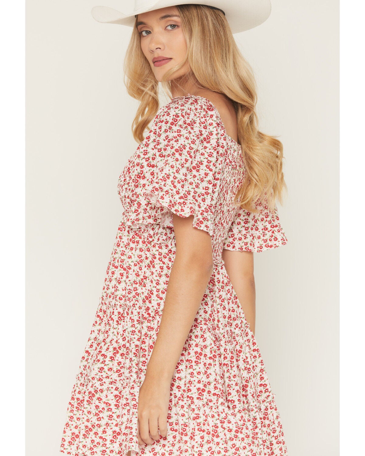 Image #2 - Yura Women's Boot Barn Exclusive Ditsy Floral Smocked Mini Dress, Red, hi-res
