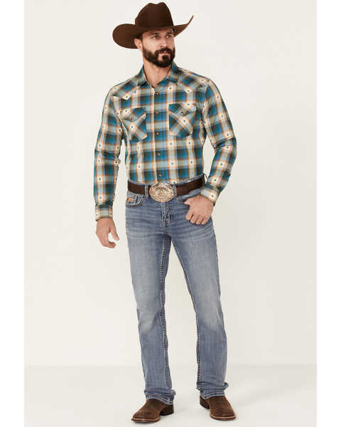 Image #2 - Pendleton Men's Hombre Allover Plaid Print Long Sleeve Snap Western Shirt , Blue, hi-res