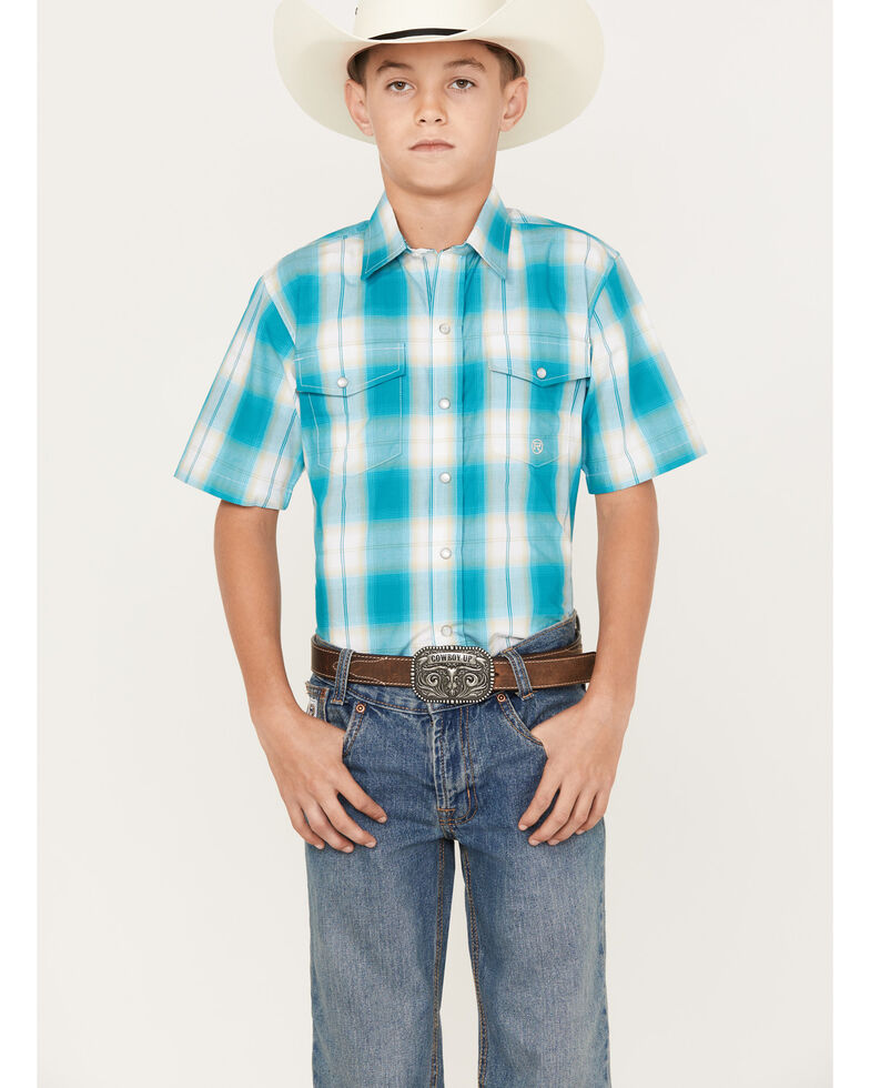 Roper Boys' Amarillo Saddle Plaid Western Shirt, Blue, hi-res