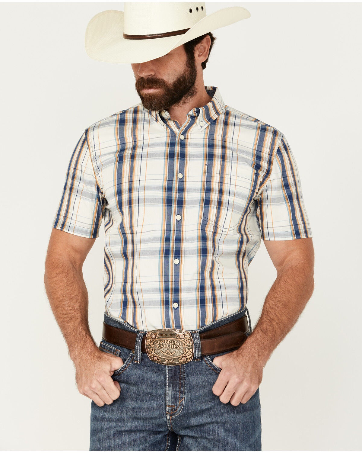 Cody James Men's Plaid Print Short Sleeve Button-Down Stretch Western Shirt, Ivory, hi-res