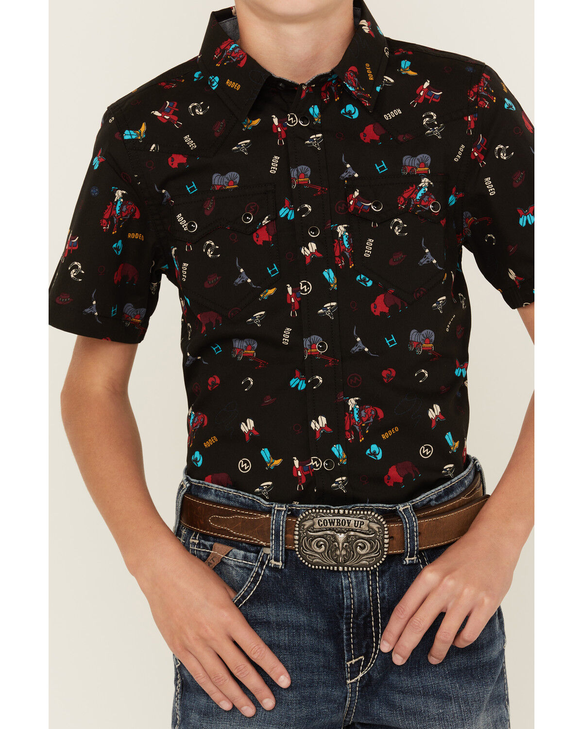 Image #3 - Cody James Boys' Sheriff Conversation Print Short Sleeve Snap Western Shirt, Black, hi-res