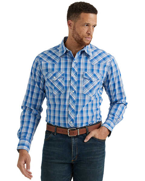 Image #1 - Wrangler Men's 20X Plaid Print Long Sleeve Snap Stretch Western Shirt , Blue, hi-res