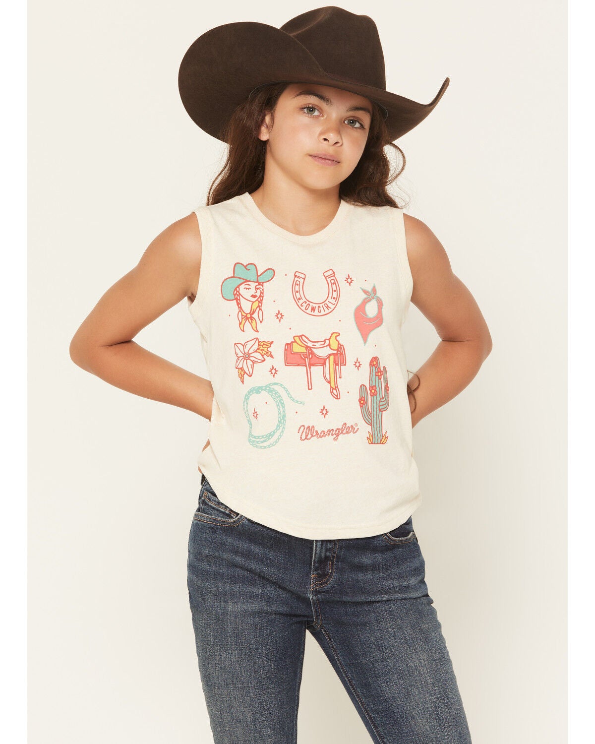 Wrangler Girls' Western Conversation Print Sleeveless Graphic Tee, Cream, hi-res