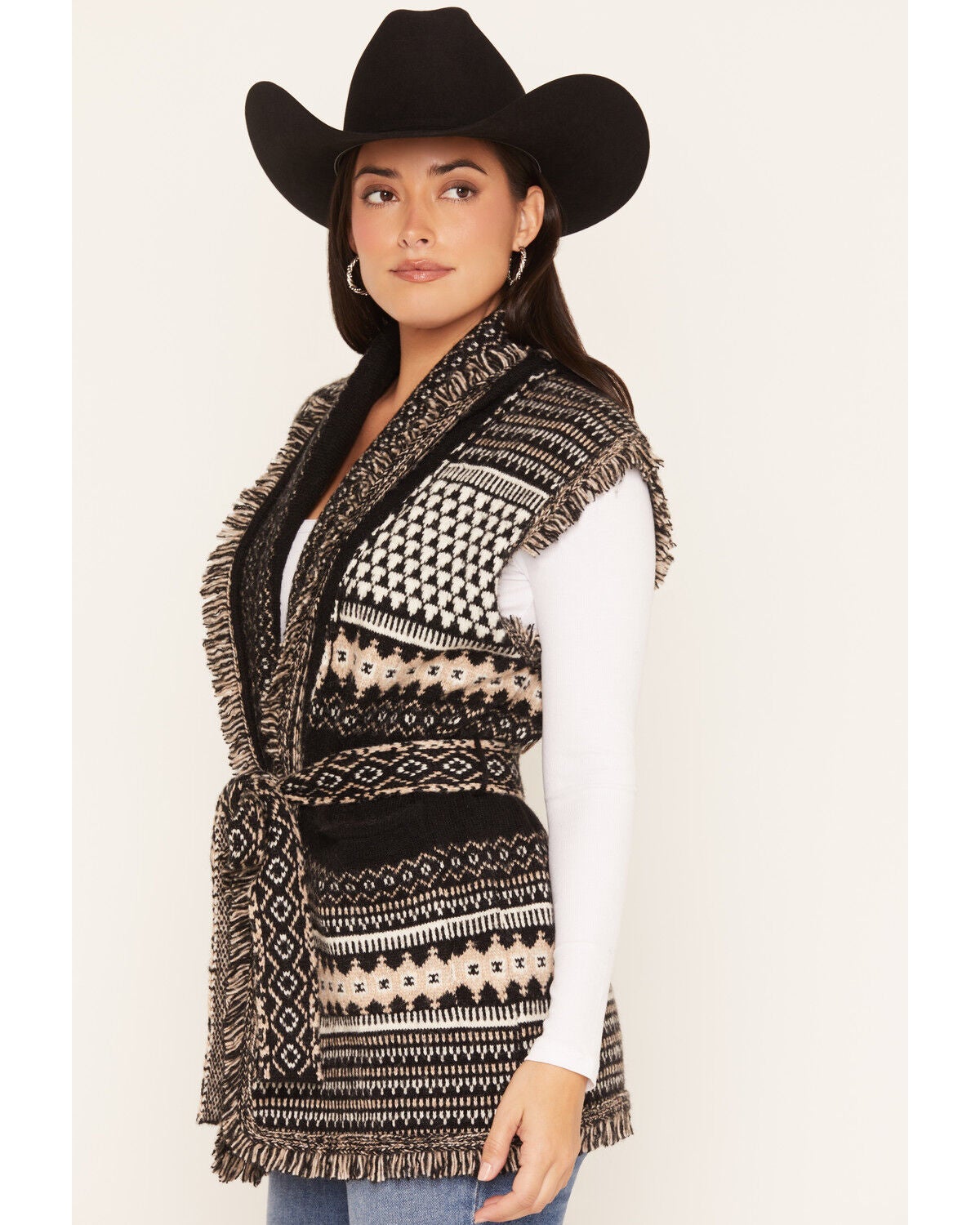 Image #2 - Elan Women's Southwestern Print Sweater Vest, Black, hi-res