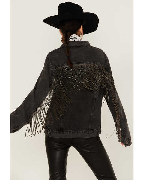 The Andy Jacket by DanielXDiamond: Women's Gray Denim Jacket With Gunmetal Fringe , Charcoal, hi-res