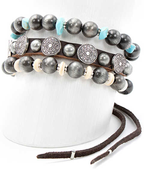 Cowgirl Confetti Women's Silver & Turquoise Beaded Triple-Layered Brown Leather Cuff Bracelet, Silver, hi-res