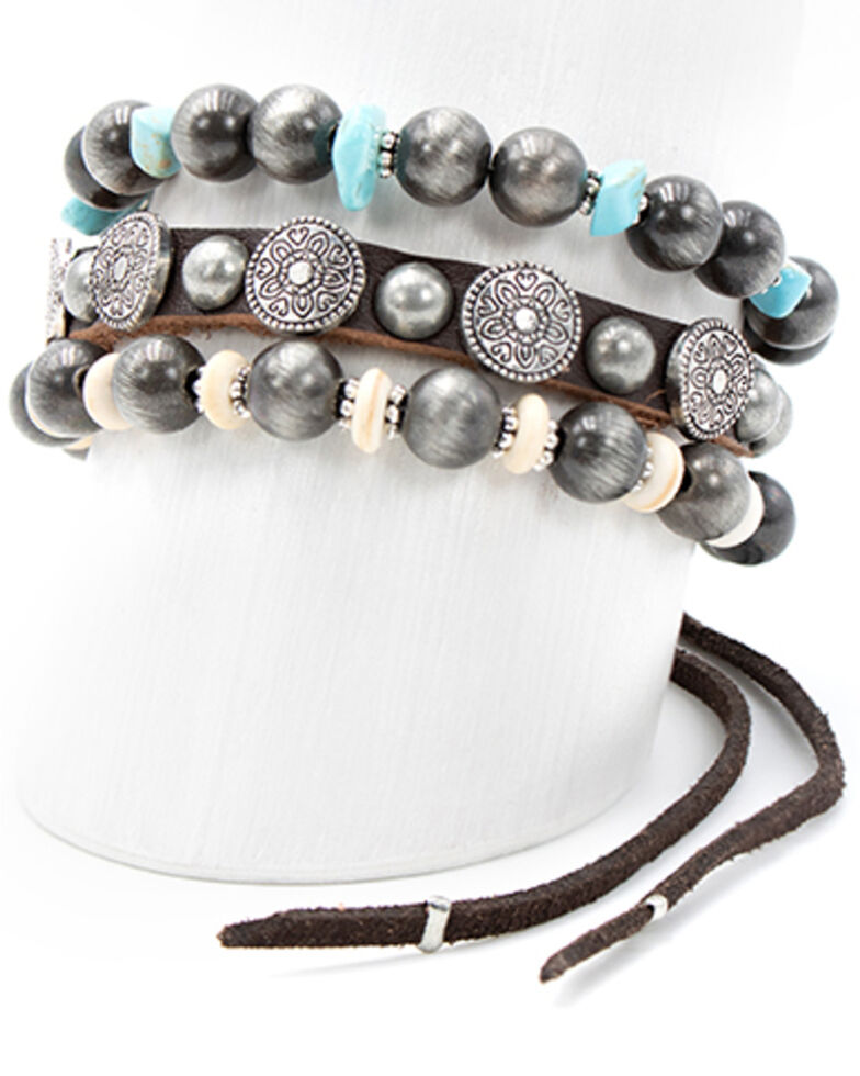 American Accessories Women's Silver & Turquoise Beaded Triple-Layered Brown Leather Cuff Bracelet, Silver, hi-res