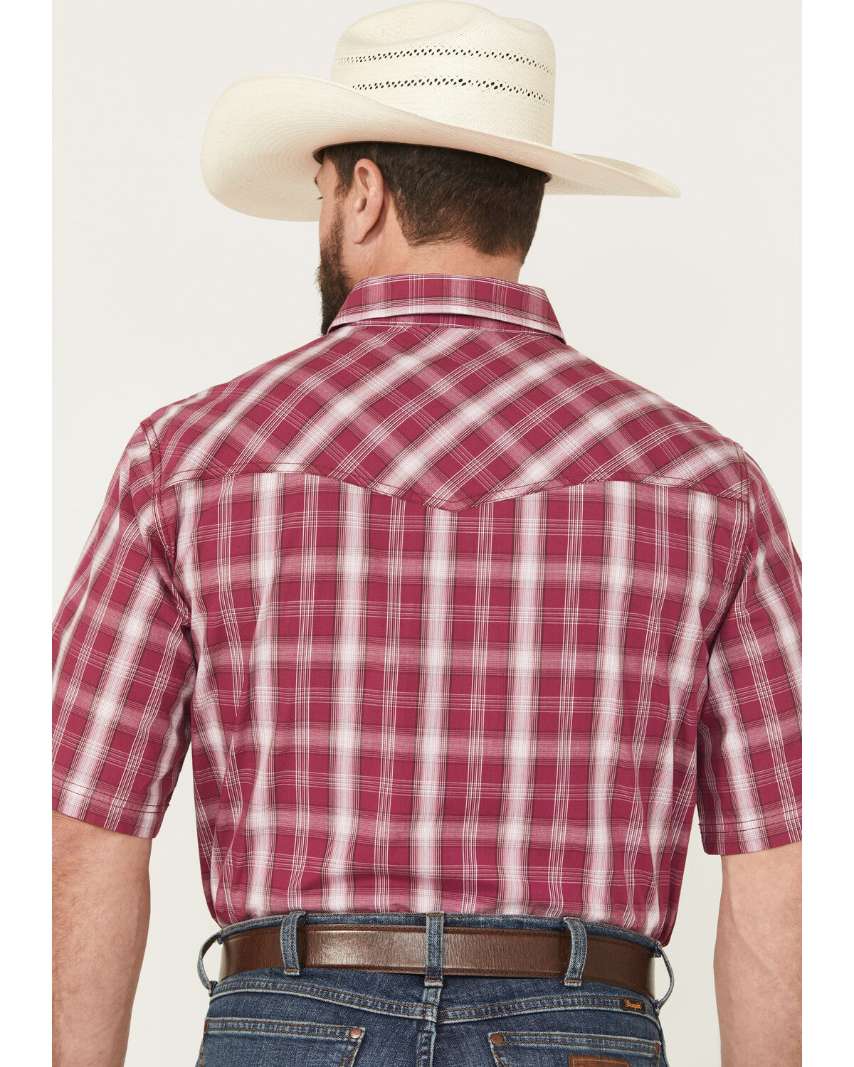 Image #4 - Wrangler Men's 20X Plaid Print Short Sleeve Snap Stretch Western Shirt, Wine, hi-res