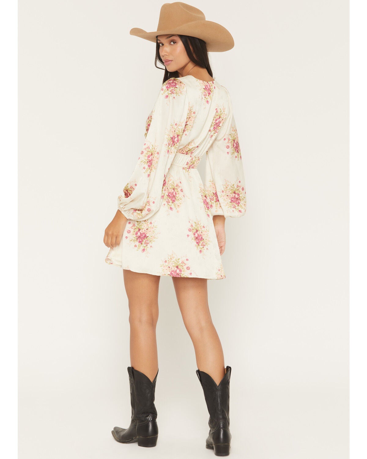 Image #4 - Shyanne Women's Floral Print Long Sleeve Satin Mini Dress, Cream, hi-res