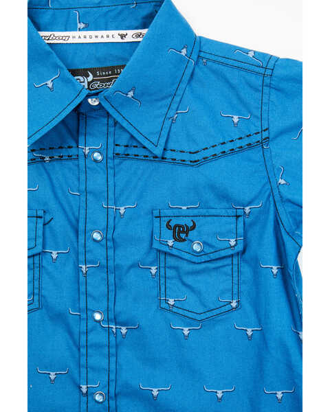 Image #2 - Cowboy Hardware Toddler Boys' Steerhead Print Short Sleeve Snap Western Shirt , Blue, hi-res
