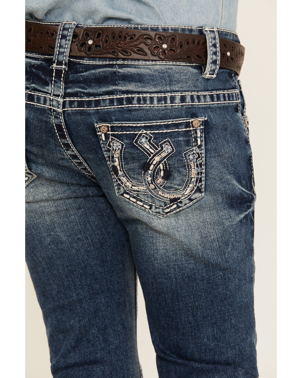 Image #2 - Shyanne Girls' Medium Wash Double Horseshoe Pocket Bootcut Stretch Denim Jeans, Medium Wash, hi-res