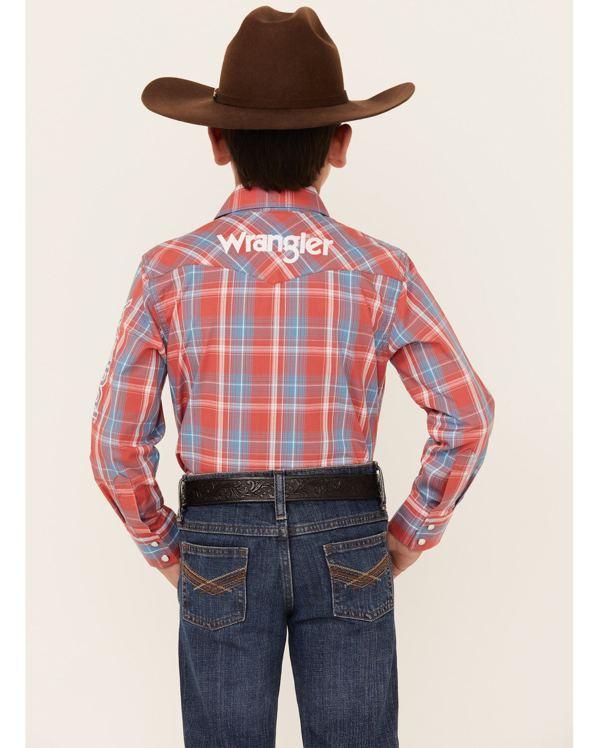 Image #4 - Wrangler Boys' Logo Plaid Print Long Sleeve Snap Western Shirt, Red, hi-res