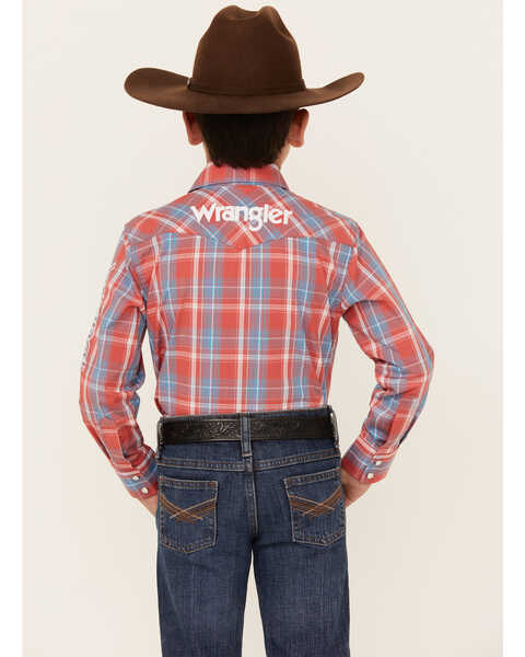 Image #4 - Wrangler Boys' Logo Plaid Print Long Sleeve Snap Western Shirt , Red, hi-res