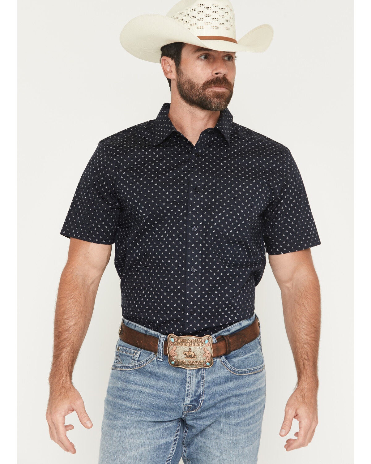 Image #1 - Cody James Men's Barrel Rider Geo Print Short Sleeve Button-Down Stretch Western Shirt, Navy, hi-res