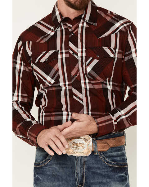 Image #3 - Wrangler Men's Plaid Print Long Sleeve Snap Western Shirt, Wine, hi-res
