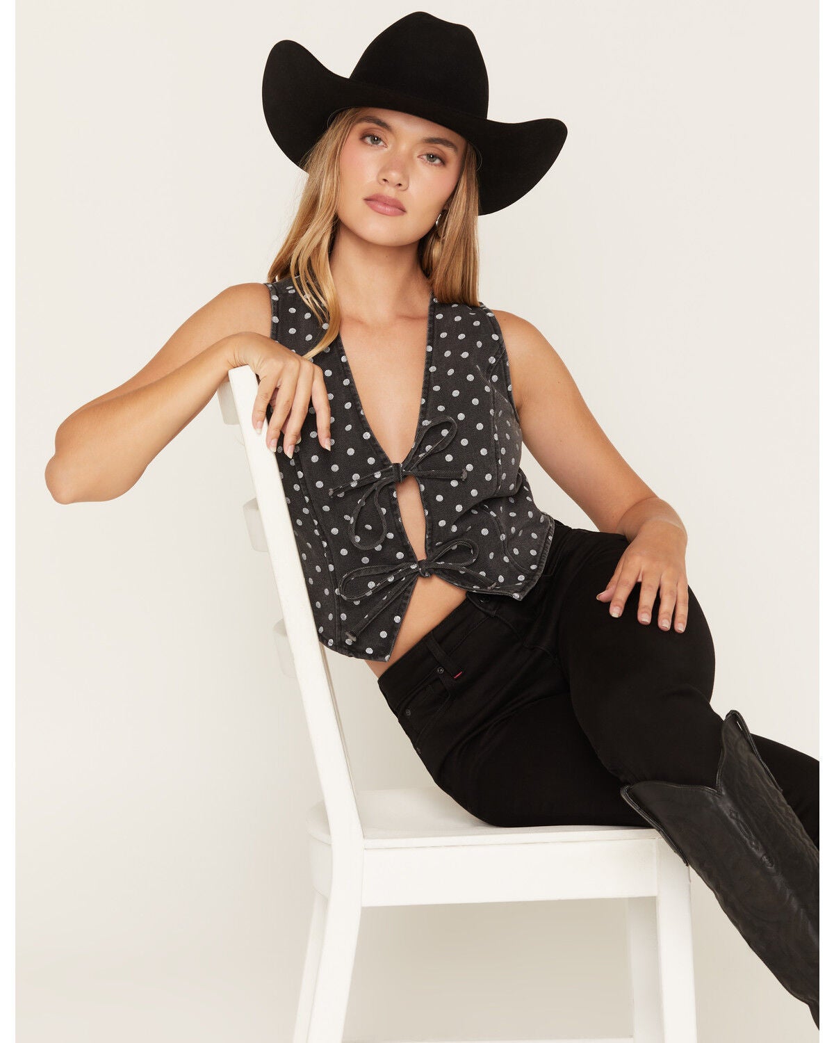 Ashley Women's Boot Barn Exclusive Polka Dot Print Tie-Front Denim Vest, Black, hi-res