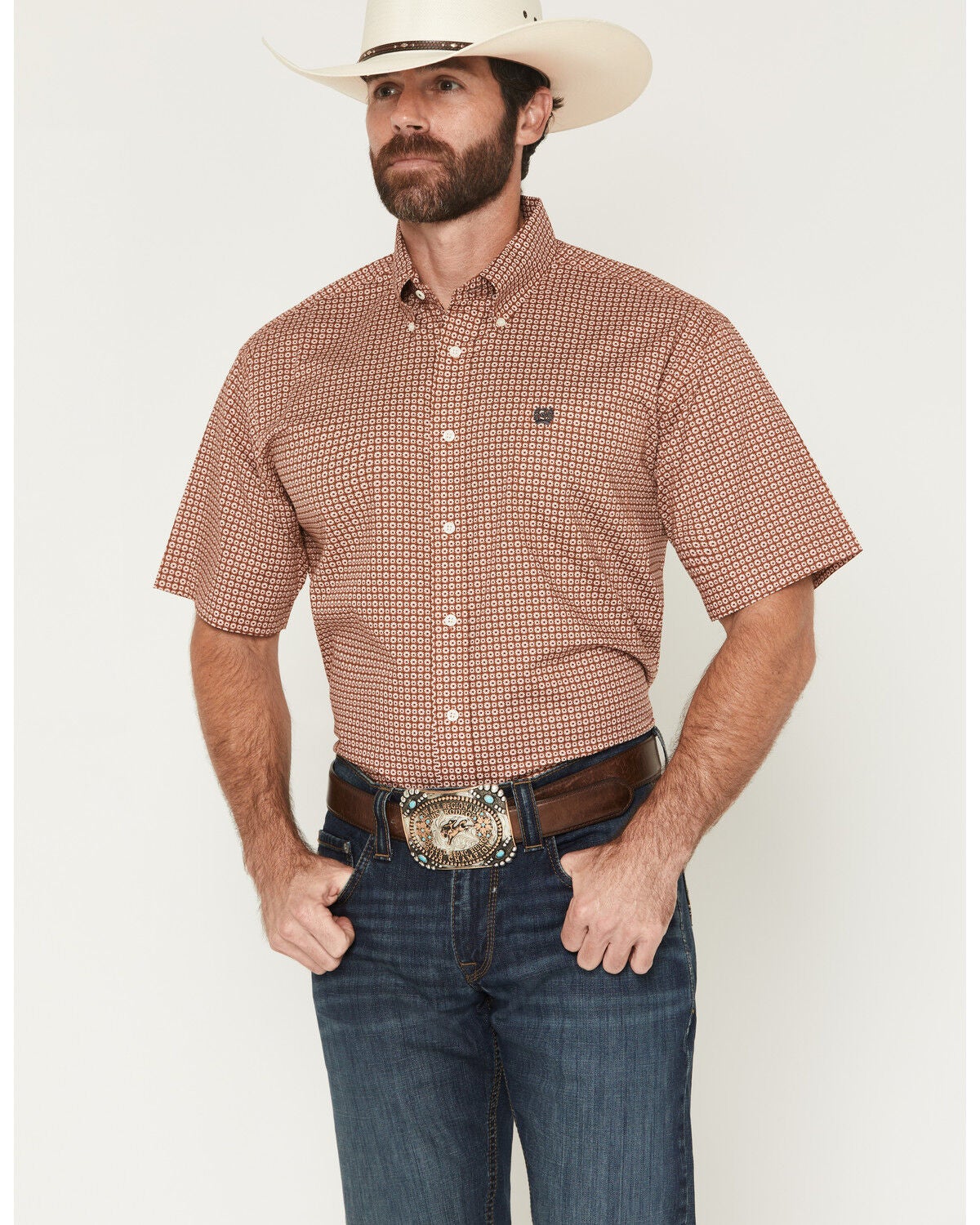 Cinch Men's Boot Barn Exclusive Micro Floral Geo Print Short Sleeve Button-Down Stretch Western Shirt, Brown, hi-res