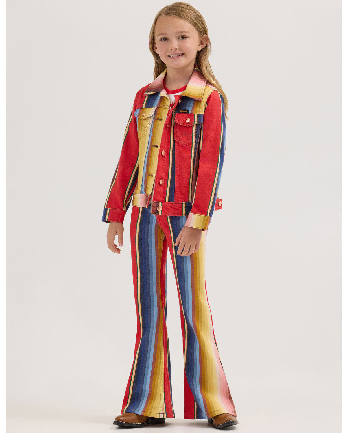 Image #1 - Wrangler X Lainey Wilson Girls' Rodeo Striped Bell Bottom Stretch Flare Jeans, Red, hi-res