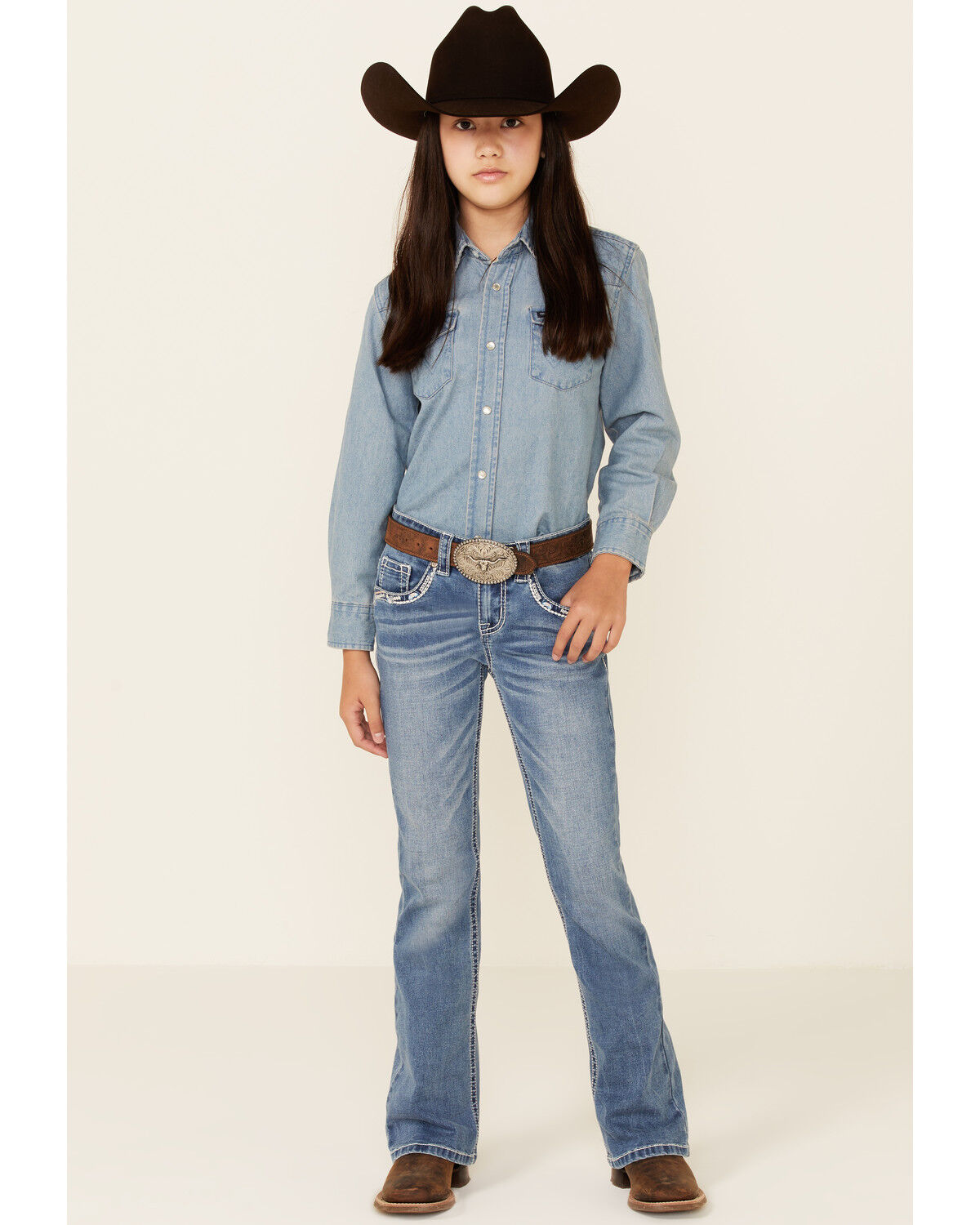 Image #1 - Shyanne Little Girls' Medium Wash Chevron Stitch Pocket Bootcut Jeans, Blue, hi-res