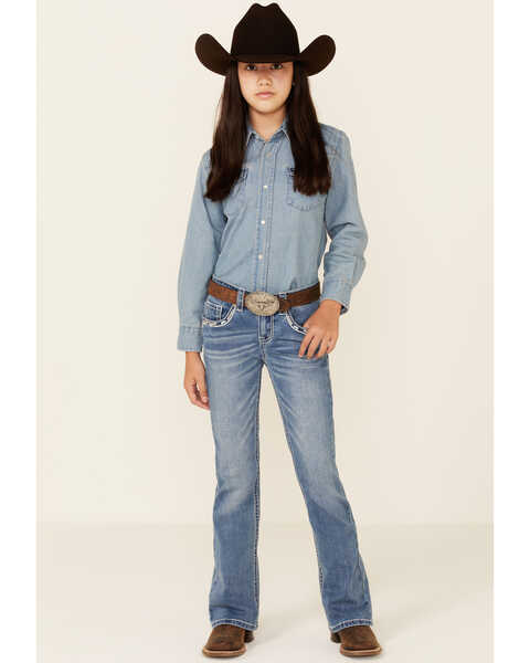 Shyanne Little Girls' Medium Wash Chevron Stitch Pocket Bootcut Jeans , Blue, hi-res