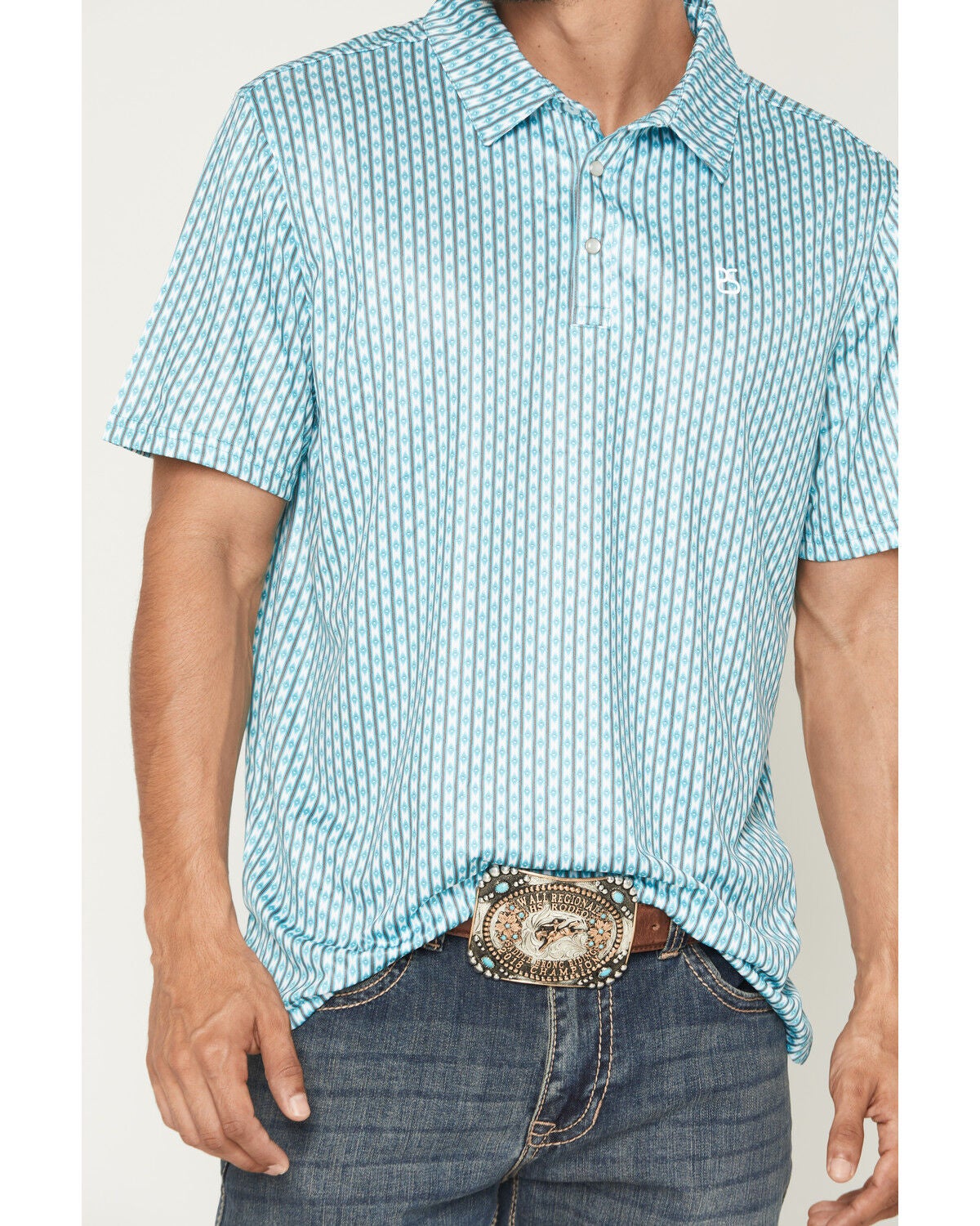 Image #3 - Panhandle Slim Men's Southwestern Striped Short Sleeve Button-Down Polo Shirt, Aqua, hi-res