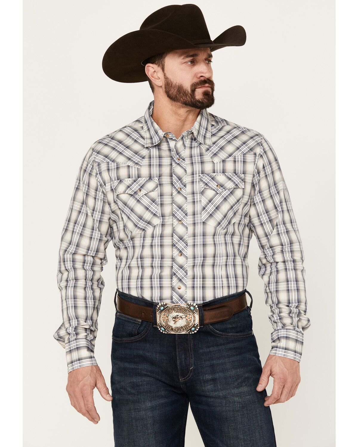 Image #1 - Wrangler Men's Plaid Print Long Sleeve Snap Western Shirt, Grey, hi-res