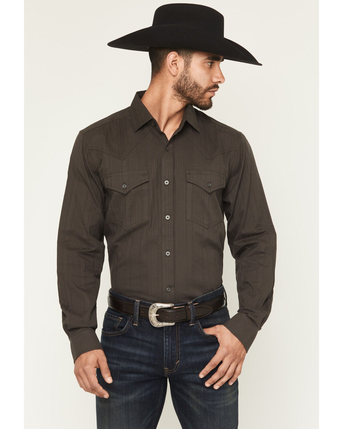 Cody James Black 1978&trade; Men's Cluny Tonal Striped Long Sleeve Button-Down Western Shirt, Charcoal, hi-res